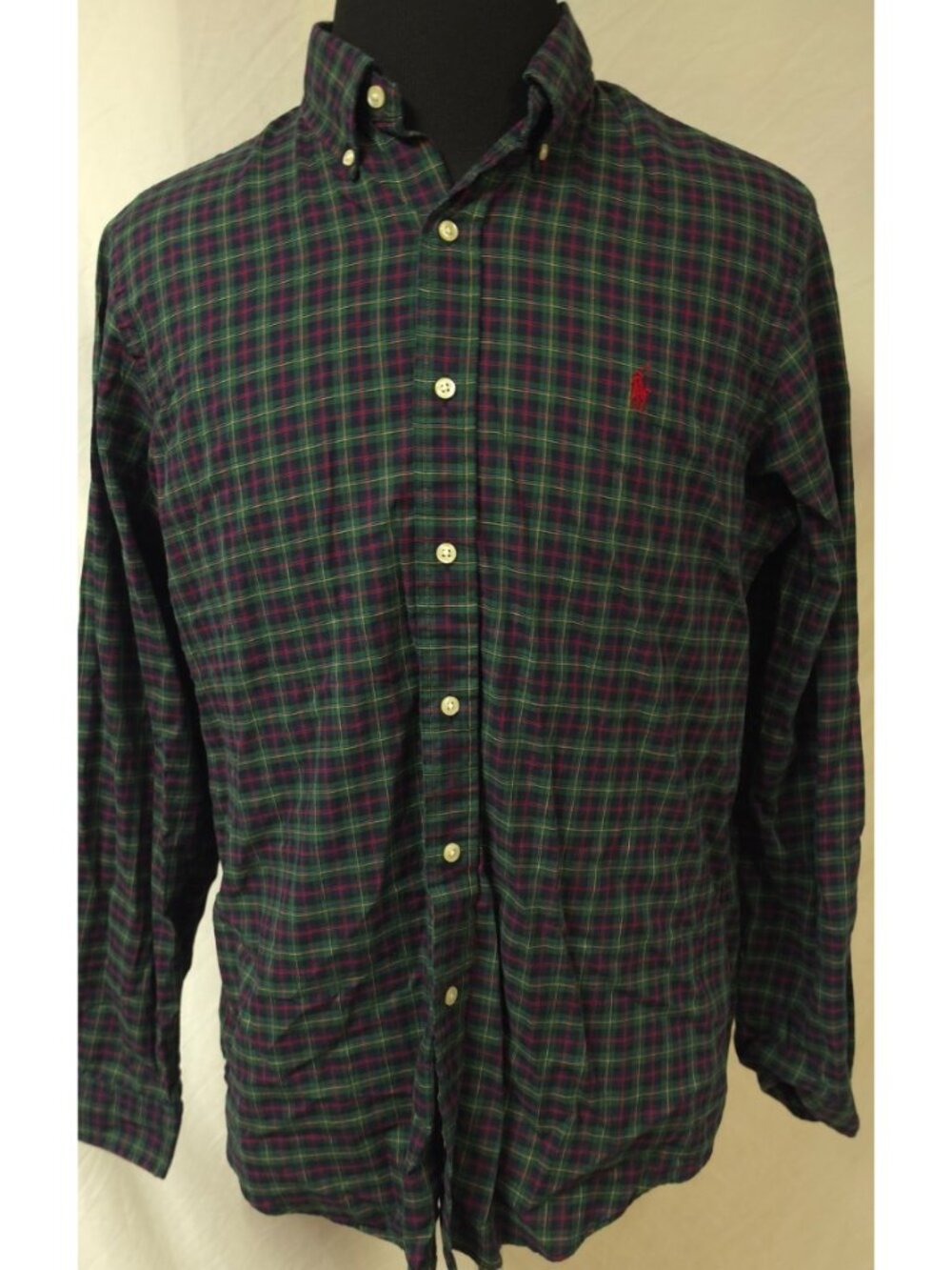 Ralph Lauren Mens Large Green Plaid Button Down Red Pony Long Sleeve Shirt